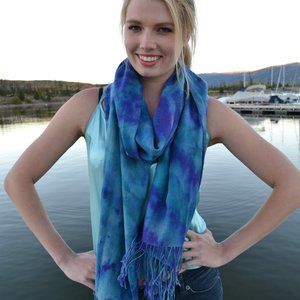 NEW Merino Wool Cashmere Scarf Wrap XL Brunello Blue green purple navy tie dyed